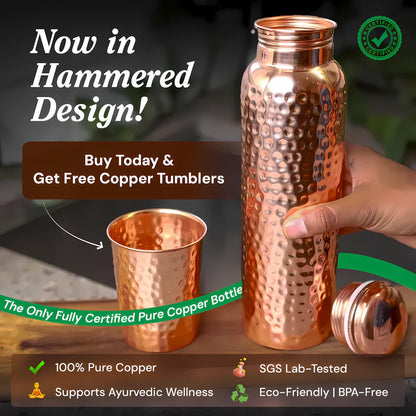 Certified Ayurveda® Pure Copper Water Bottle - V2 Hand-Hammered Edition